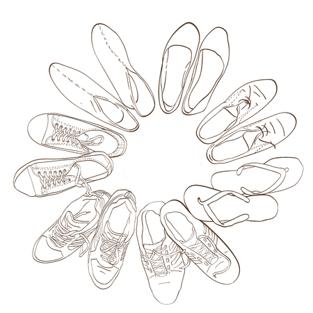 Set hand drawn graphic Men and women Footwear, shoes. illustration of Casual and sport style, gumshoes.  sneakers, boots, pumps. isolated object copy space.の写真素材