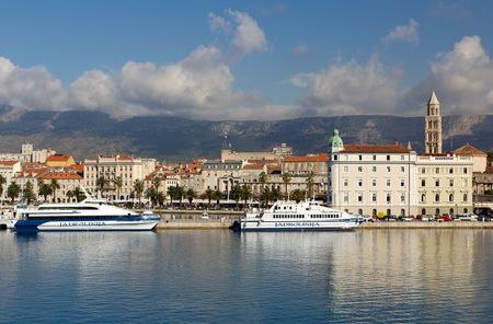 Ferries in Front of the Old Town in Split, Croatia on October 6, 2010のeditorial素材