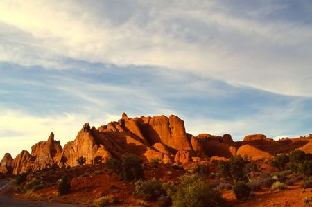 Arches National Park preserves over 2,000 natural sandstone arches, including the world-famous Delicate Arch, in addition to a variety of unique geological resources and formations.の写真素材