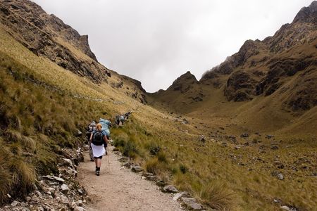 most popular of the Inca trails for trekking is the Capaq Ñan trail, which leads from the village of Ollantaytambo to Machu Picchuの写真素材