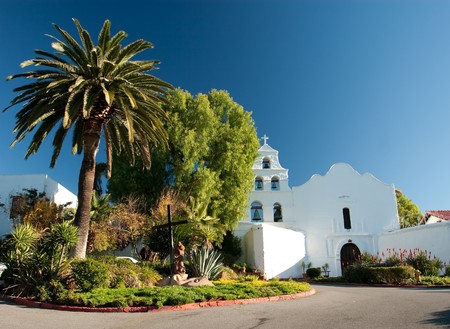 Mission San Diego de Alcalá, also known as the San Diego Mission Church, was founded on July 16, 1769, the first in the twenty-one Alta California mission chain established by Father Presidente Junípero Serraの写真素材