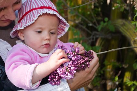 Cute baby girl smelling giant purple  flowerの写真素材