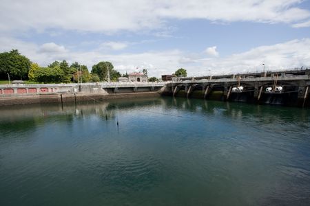 Hiram M. Chittenden Locks are a complex of locks that sit in the middle of Salmon Bay, part of Seattle's Lake Washington Ship Canal.の写真素材