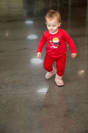 Cute caucasian toddler girl walking around and exploring.の写真素材