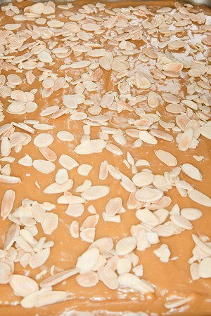 Polish Easter Cake. A softer version of shortbread, topped with almonds and cut into serving-sized squares. There is a variety of traditional toppings. Mazurek is usually colourfully iced and decorated with jam, nuts and raisins.の写真素材