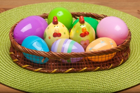 Assorted colorful easter eggs in a basket.