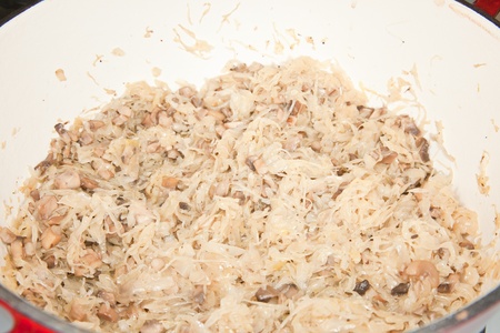 Cabbage with mushrooms ready to cook in red potの写真素材