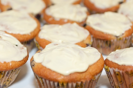 Plate of freshly baked homemade blueberry cupcakes with white chocolate toppingの写真素材