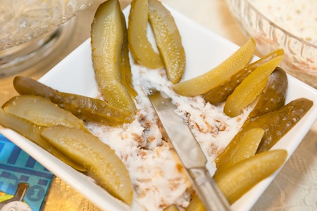 Traditional Polish homemade lard with cracklings and pickles.の写真素材