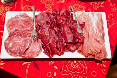 Party table arrangement with assortment of foods.の写真素材