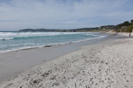 Huge clean white sandy beach in Carmel-by-the-Sea, Californiaの写真素材