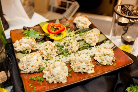 Party table arrangement with assortment of foods.の写真素材