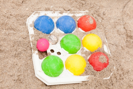 Colorful set of the bocce balls on sand.の写真素材