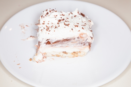 This is a creamy pudding-like pie. It has thick chocolate filling, thick cream cheese filling, a butter/nut crust, and is topped with whipped cream.の写真素材