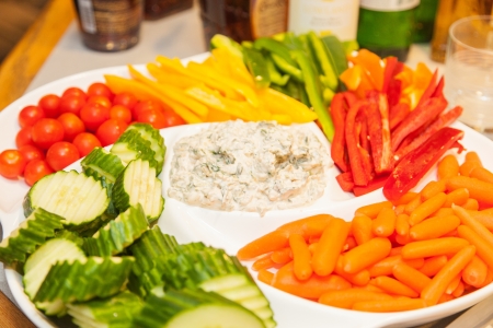 Party table arrangement with assortment of foods.の写真素材