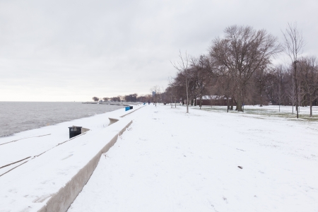 Snow on Christmas day in Chicago near Lake Michigan shore.の写真素材