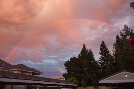 Nice sunset sky producing a beautiful rainbow with roof tops and redwood trees at the bottom の写真素材
