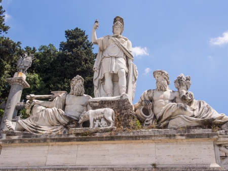 Dea Roma between the Tiber and the Aniene, fountain on the east side of Piazza del Popolo, against the steep slope of the Pincio, represents the terminal mostra of the aqueductの写真素材