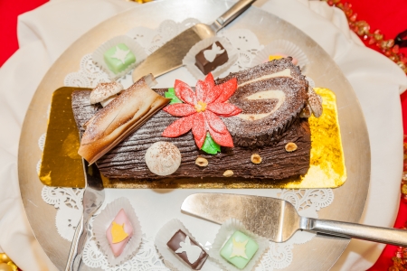 Yule log is a traditional dessert served near Christmas. It can be considered a type of sweet roulade.の写真素材