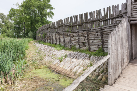 Archaeological open air museum Biskupin is an archaeological site and a life-size model of an Iron Age fortified settlement in north-central (Wielkopolska) Poland (Kuyavian-Pomeranian Voivodeship).の写真素材