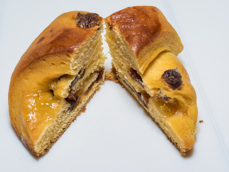 Cross section view sweet potato yeast roll.