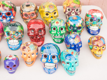 Colorful ceramic skulls on souvernir stand for sale in Santa Fe, NM.