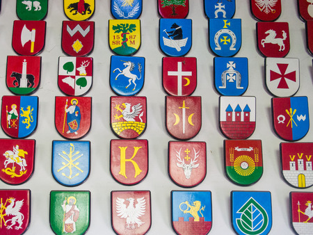 Coat of arms is a unique heraldic design on an escutcheon (i.e. shield), surcoat, or tabard.の写真素材
