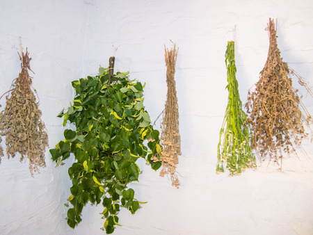 Dried herbs bundle hunging on the floor.の写真素材