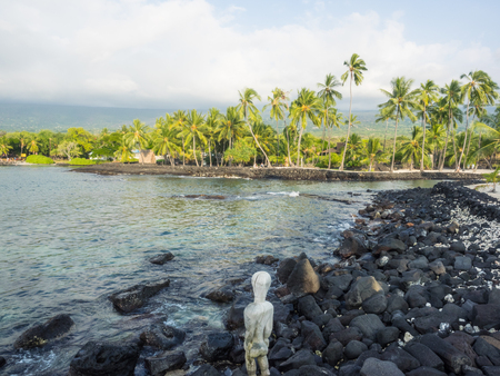 Puuhonua o Honaunau National Historical Park preserves the site where, up until the early 19th century, Hawaiians who broke a kapu (one of the ancient laws) could avoid certain death by fleeing to this place of refuge.の写真素材