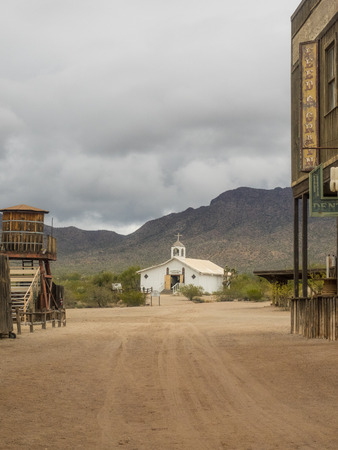 Old Tucson is a movie studio and theme park just west of Tucson, Arizona, adjacent to the Tucson Mountains and close to the western portion of Saguaro National Parkの写真素材