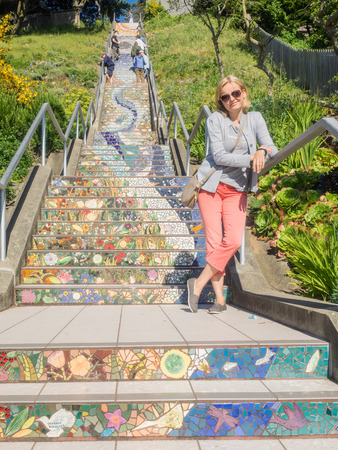 Golden Gate Heights Mosaic Stairway is beautiful mosaic running up the risers of the 163 steps located at 16th and Moraga in San Francisco.のeditorial素材