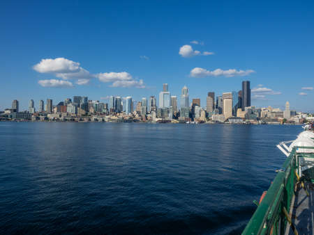 Seattle's waterfront from the Bainbridge Island ferry as it approaches the Seattle ferry terminal at Colman Dockの写真素材