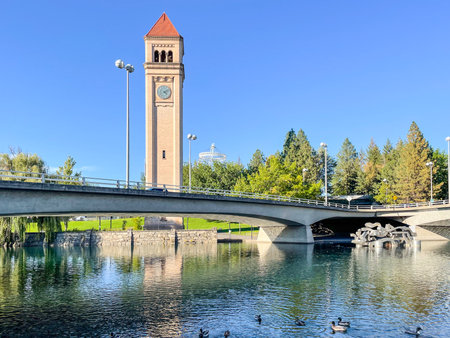 Great Northern clocktower used to be part of a railway depot before Expo '74. The location of the former depot's roofline can be seen where the brick changes color.の写真素材