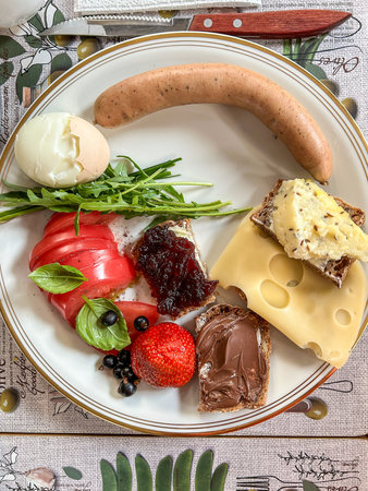 Breakfast is the first meal of the day eaten after waking from the night's sleep, in the morning. The word in English refers to breaking the fasting period of the previous night.の写真素材