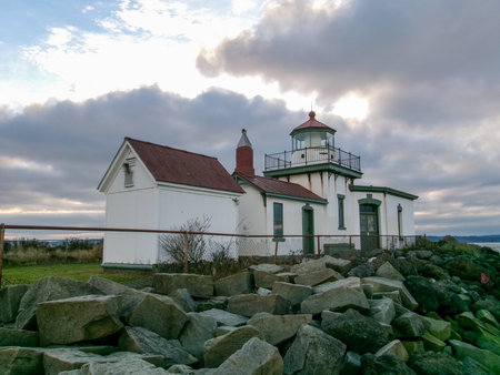 West Point Light is an active aid to navigation on Seattle, Washington's West Point, which juts into Puget Sound and marks the northern extent of Elliott Bay.の写真素材