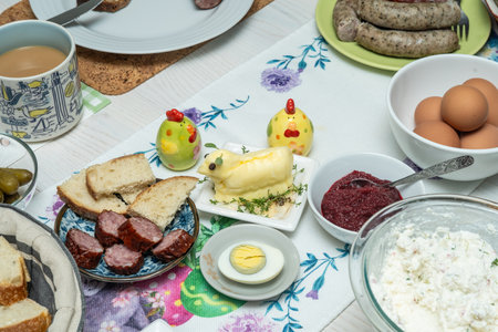 Easter Sunday is celebrated with an Easter breakfast. Easter breakfast includes the foods blessed on Easter Saturday as well as other traditional Easter foods and is typically a family-oriented occasion.の写真素材