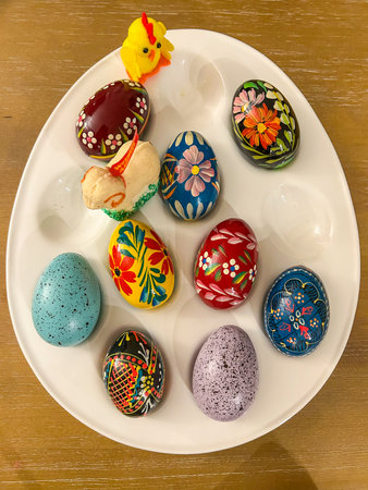 Assorted traditional colorful painted Easter eggs.の写真素材