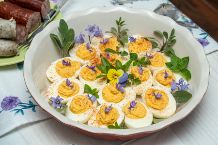 Deviled eggs are hard-boiled eggs that have been peeled, cut in half, with the yolk scooped out and then refilled having been mixed with other ingredients such as mayonnaise, mustard and sprinkled with paprika, cinnamon or curry powder.の写真素材