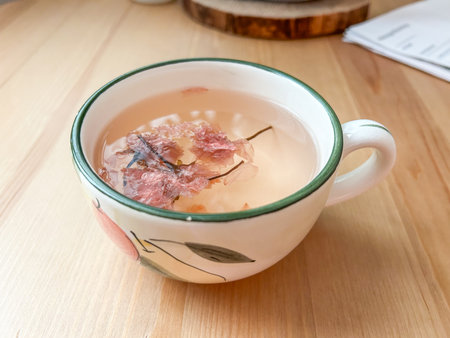 Sakurayu Tea, literally "cherry blossom tea", is a Japanese infusion created by steeping pickled cherry blossoms with boiled water.の写真素材