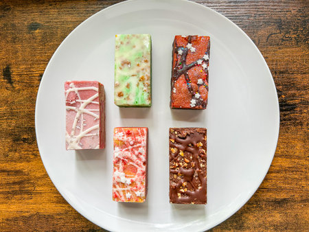 A plate of assorted brownie bars, each with unique toppings and flavors.の写真素材