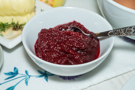 Chrain is a spicy paste made of grated horseradish. It is a common condiment for meat and fish dishes in Eastern and Central European cuisines. Red chrain includes the addition of beetrootの写真素材