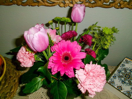 A vibrant display of pink gerbera, tulips (Tulipa), carnations (Dianthus caryophyllus), and other floral accents, perfect for adding a touch of charm to any space.の写真素材