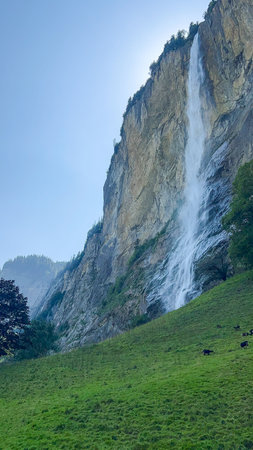 The impressive Staubbach Falls in Lauterbrunnen, Switzerland. The waterfall cascades down a cliff face, creating a stunning natural spectacle.の写真素材