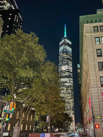 A view of One World Trade Center from the streets of Manhattan. The location of the picture is...