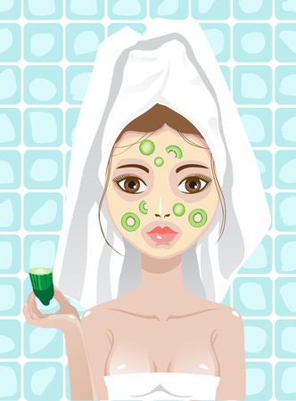 girl with cucumber and kiwi facemaskのイラスト素材