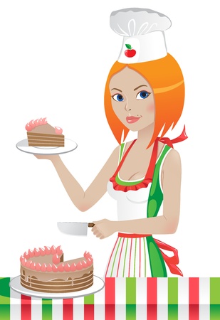cute girl in a chef's hat cuts the cakeのイラスト素材