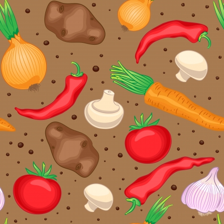 Seamless brown pattern with vegetables and mushroomsのイラスト素材