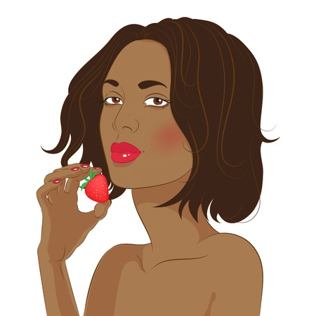  Tanned brunette girl holding a strawberryのイラスト素材