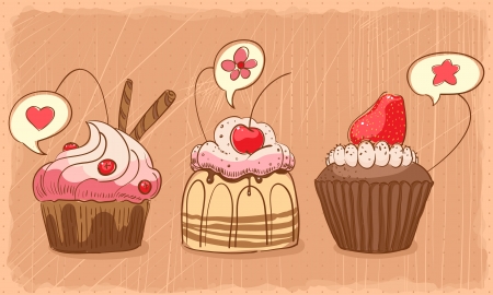 three lovely muffins on orange shabby backdropのイラスト素材