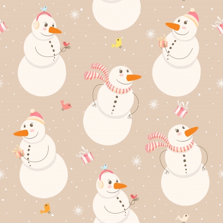 Seamless winter pattern with snowmen on a beige backgroundのイラスト素材